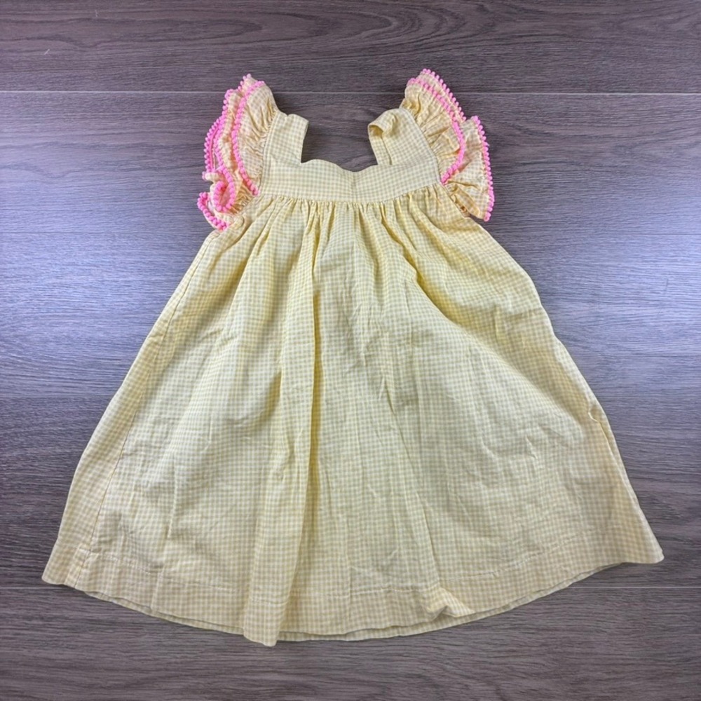 Southern Sunshine Yellow Gingham Poppy Dress Pink Pom Pom Trim Preppy 4T Summer